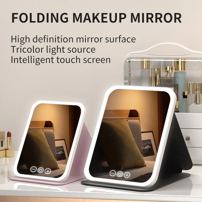 3-Color Dimmable LED Makeup Mirror with Touch Control Foldable Travel Mirror,Vanity Lighted Cosmetic Mirror for Home & Salon Use