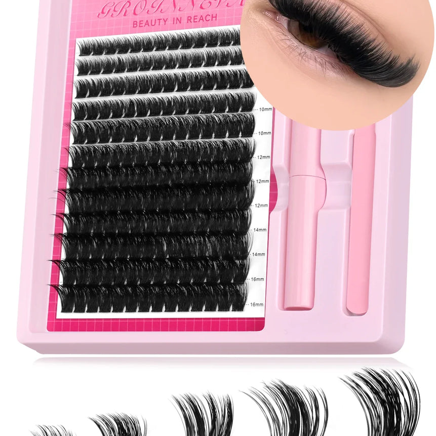 GROINNEYA Lash Clusters Kit Fluffy Individual Lashes C Curl Cluster DIY Lash Extension Kit Lash Bond and Seal Eyelash Extensions