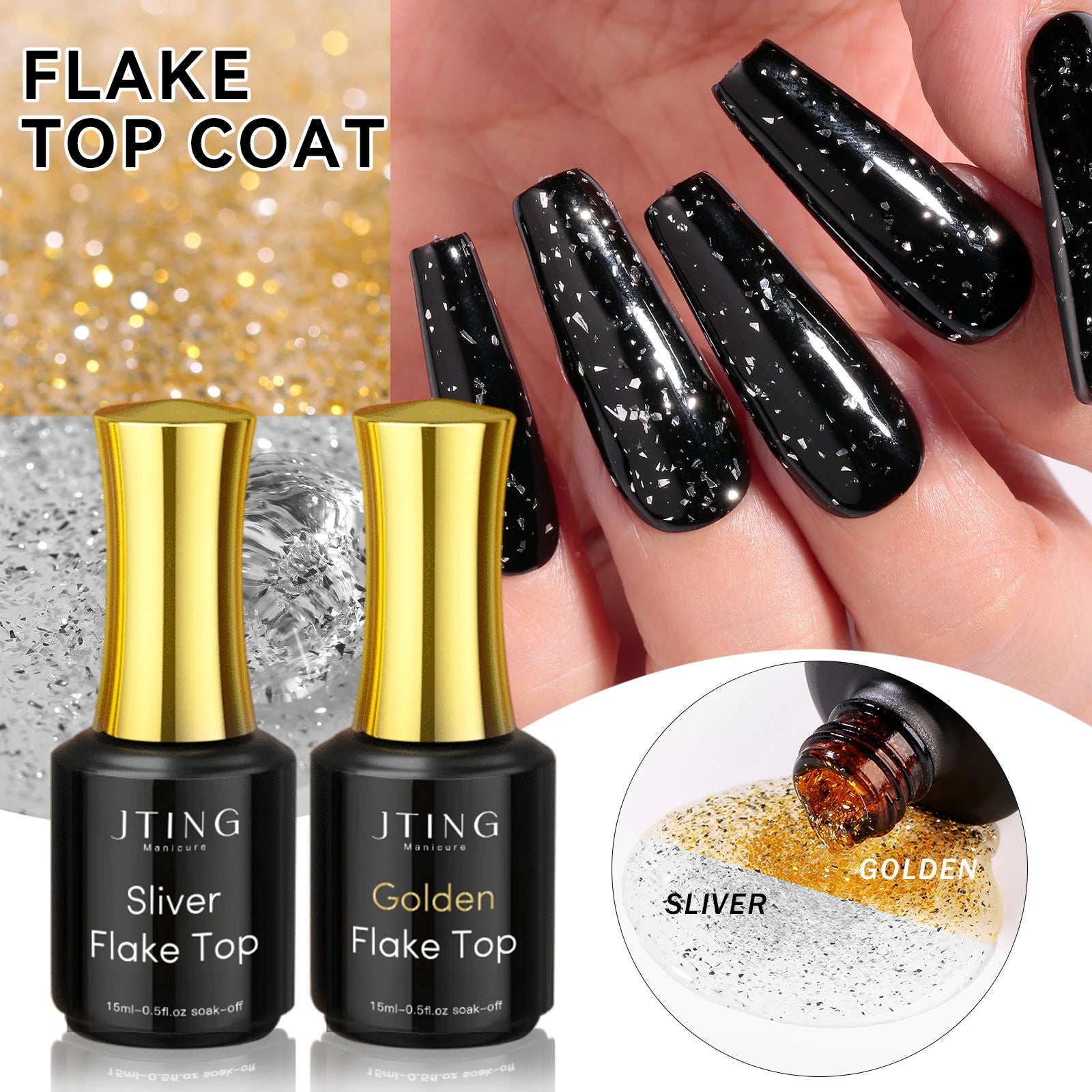 JTING 1pc 15ml Popular Glitter Chrome Foil Flakes Gold Sliver Top Coat Base Gel Polish