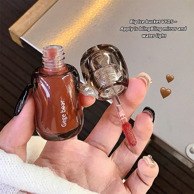 Gege bear big ice bucket crystal transparent lip glaze moisturizing mirror pouty lips autumn and winter whitening lipstick