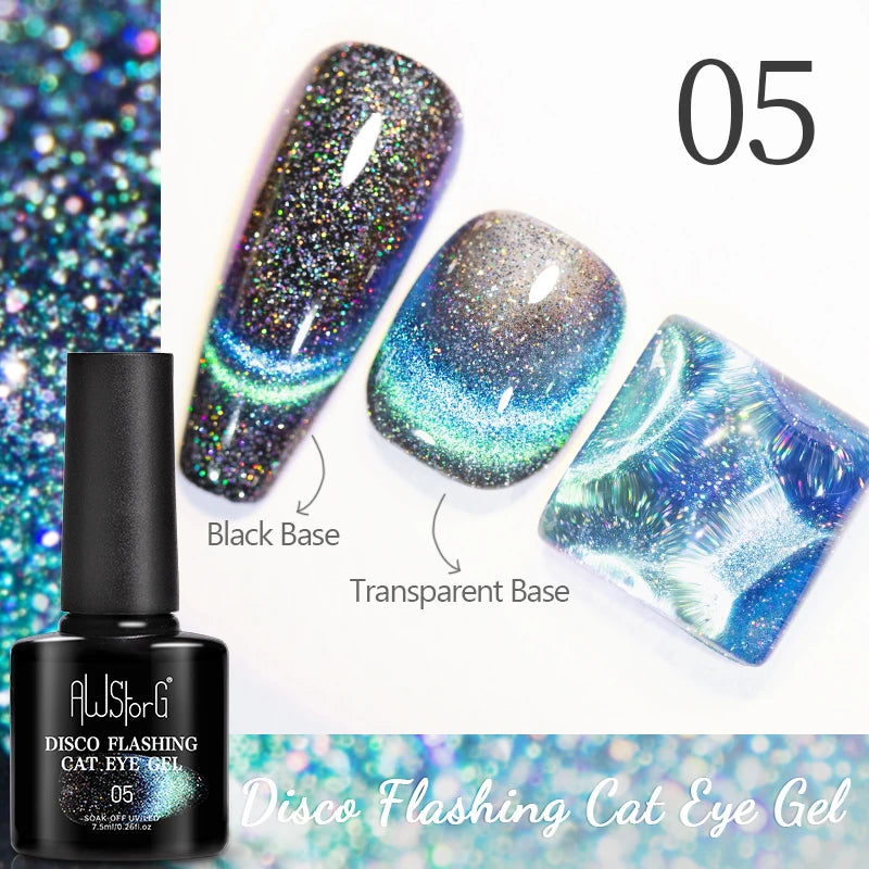 AWStorG 7.5ML Golden Gradient Cat Eye Magnetic Gel Sparkling Glitter Nail Polish Semi Permanent UV Nail Art No Need Base Color