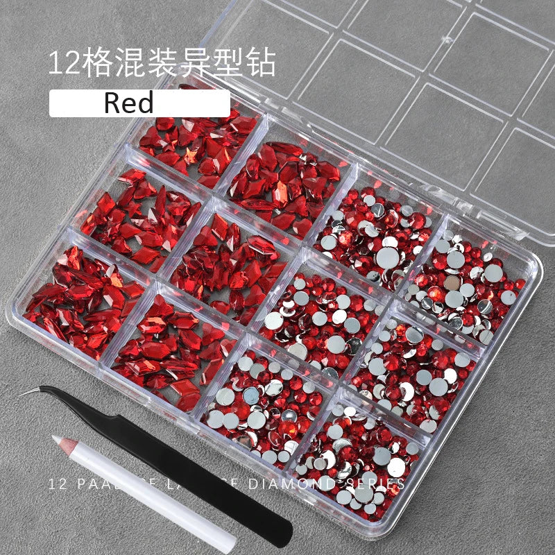 12Grids(400-500pc) 3D White Flat-Back Nail Art Rhinestones Irregular Resin Gems Nail Jewels for Face Eye Makeup Nail Decorations