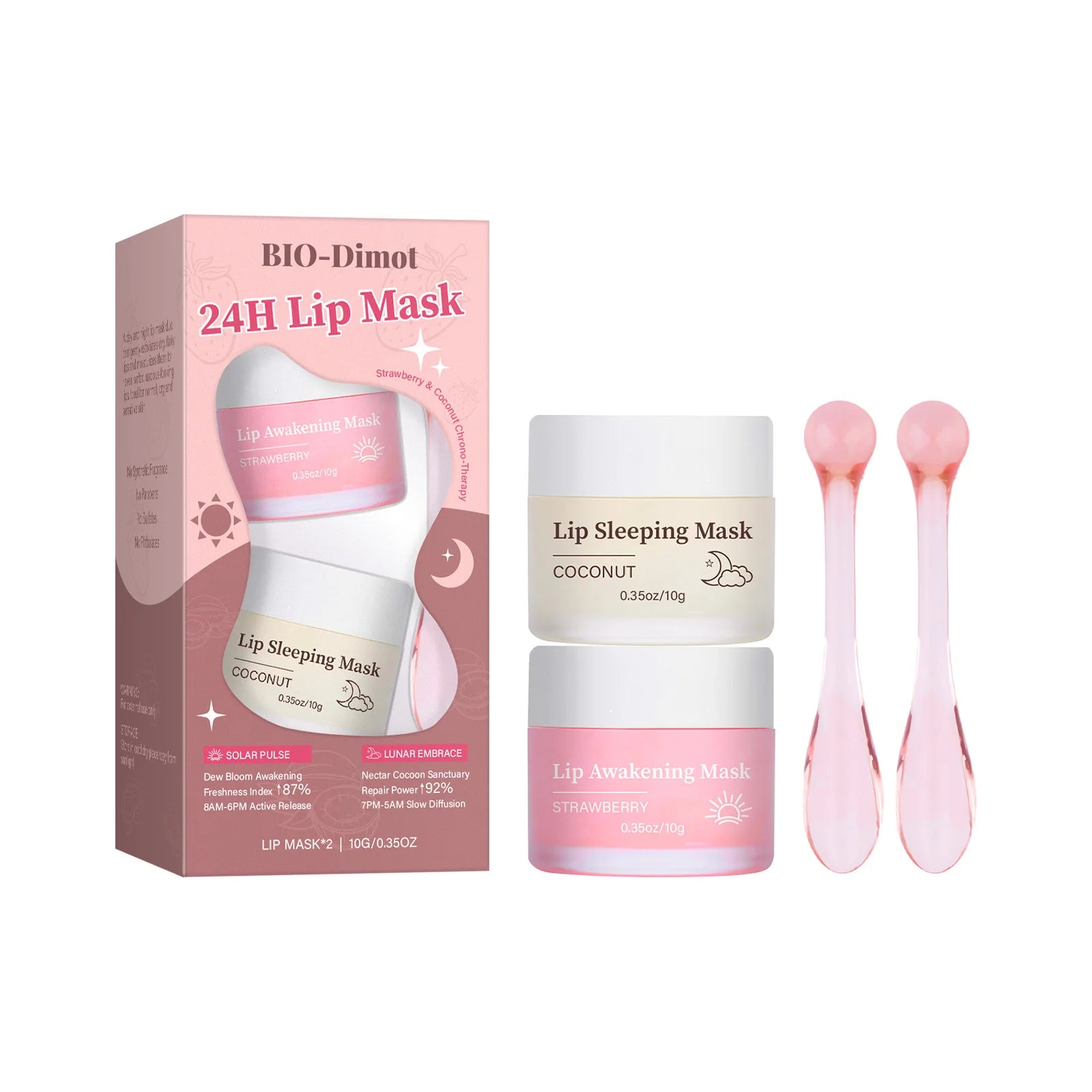 Natural Coconut & Strawberry Lip Mask Duo 20g Set - Day and Night Moisturizing Treatment for Dry and Sensitive Lips