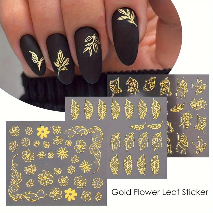 30 Sheets Golden Floral Nail Art Stickers - 3D Self-Adhesive Shimmering Leaf & Flower Designs for DIY Manicure