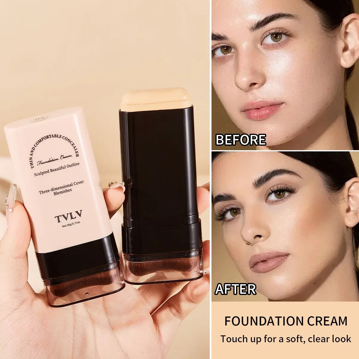 TVLV Velvet Moist Light Eraser Foundation Stick with brush Long-Lasting Flawless Concealer Cream Makeup for Face Beauty Cosmetic