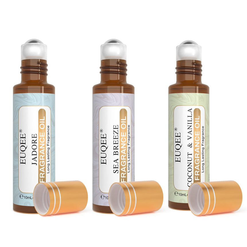 EUQEE 10ml Roll-On Fragrance Oil for Skin Sea Breeze White Musk Coconut & Vanilla Bubble Gum Green Tea Long Lasting Scent