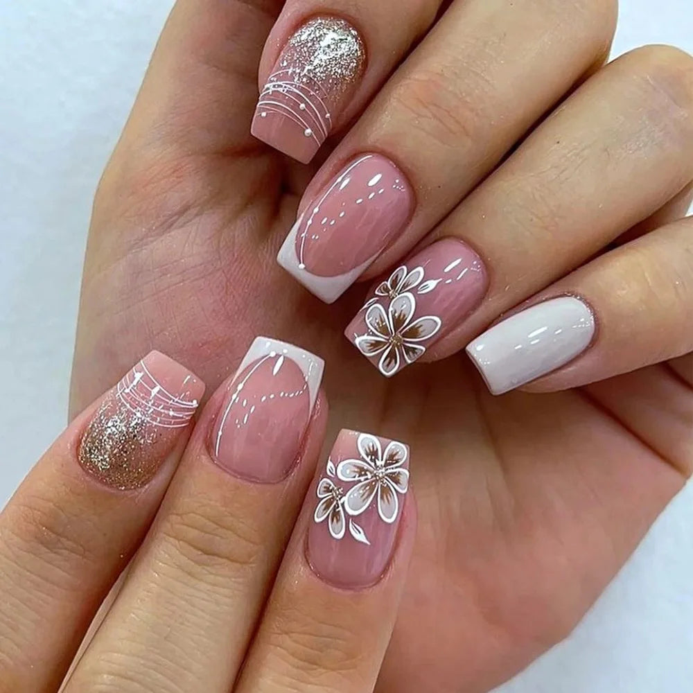 24Pcs Short False Nails with Shimmery Powder Ballet Nail Art Full Cover French Sheer Wearable Nail Manicure Tips for Girls Daily