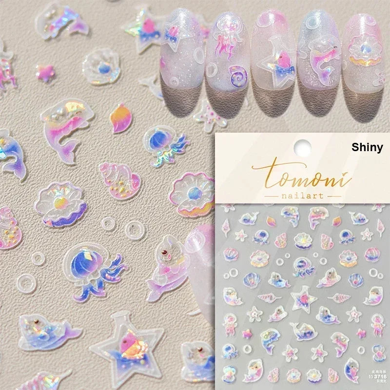 Goldfish Cavort Water Grass Lotus Flower Leaf Brocaded Carp Koi Ripple Droplet Water Bubbles 5D Nail Art Stickers Manicure Decal