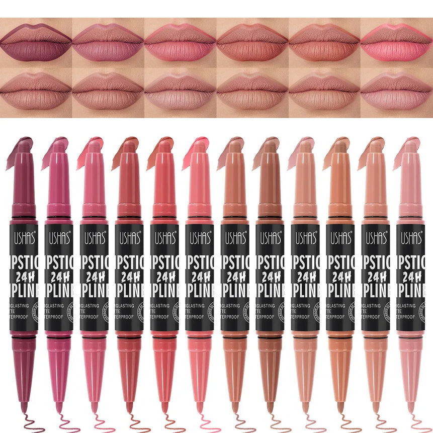 Waterproof Lipstick Lip Liner Contouring Crayon Non-stick Cup 2 IN 1 Double Headed Lipstick Matte Nude Sexy Lipliner Pen Makeup