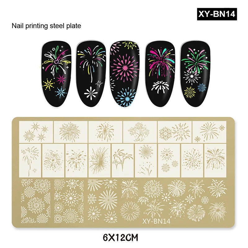 12x6cm Golden Rectangular Nail Stamping Plates Bowknot Butterfly Flower Fireworks Designs Nail Art Template For DIY Nail Decor