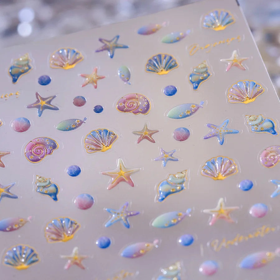 Goldfish Cavort Water Grass Lotus Flower Leaf Brocaded Carp Koi Ripple Droplet Water Bubbles 5D Nail Art Stickers Manicure Decal