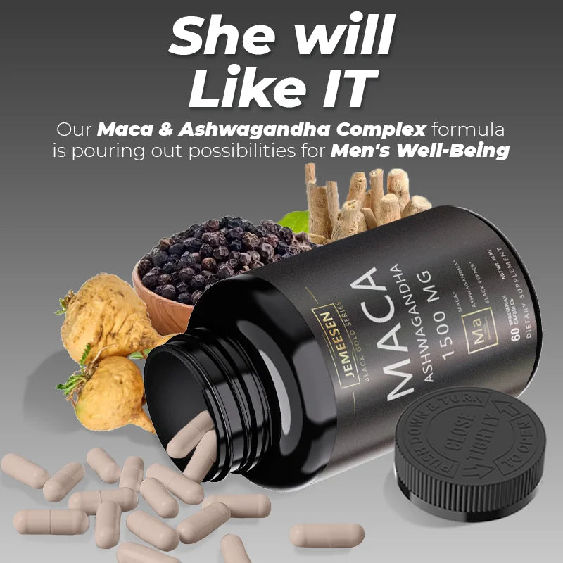Organic Maca Root Powder Capsules 1500mg containing  Maca Root Extract,Ashwagandha,Black Pepper, Supplements for Men