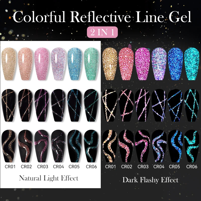 LILYCUTE 6Pcs/Set 5ml Reflective Glitter Liner Gel Polish Champagne Sparkling Lines Nail Art Painting Gel Semi Permanent UV Gel