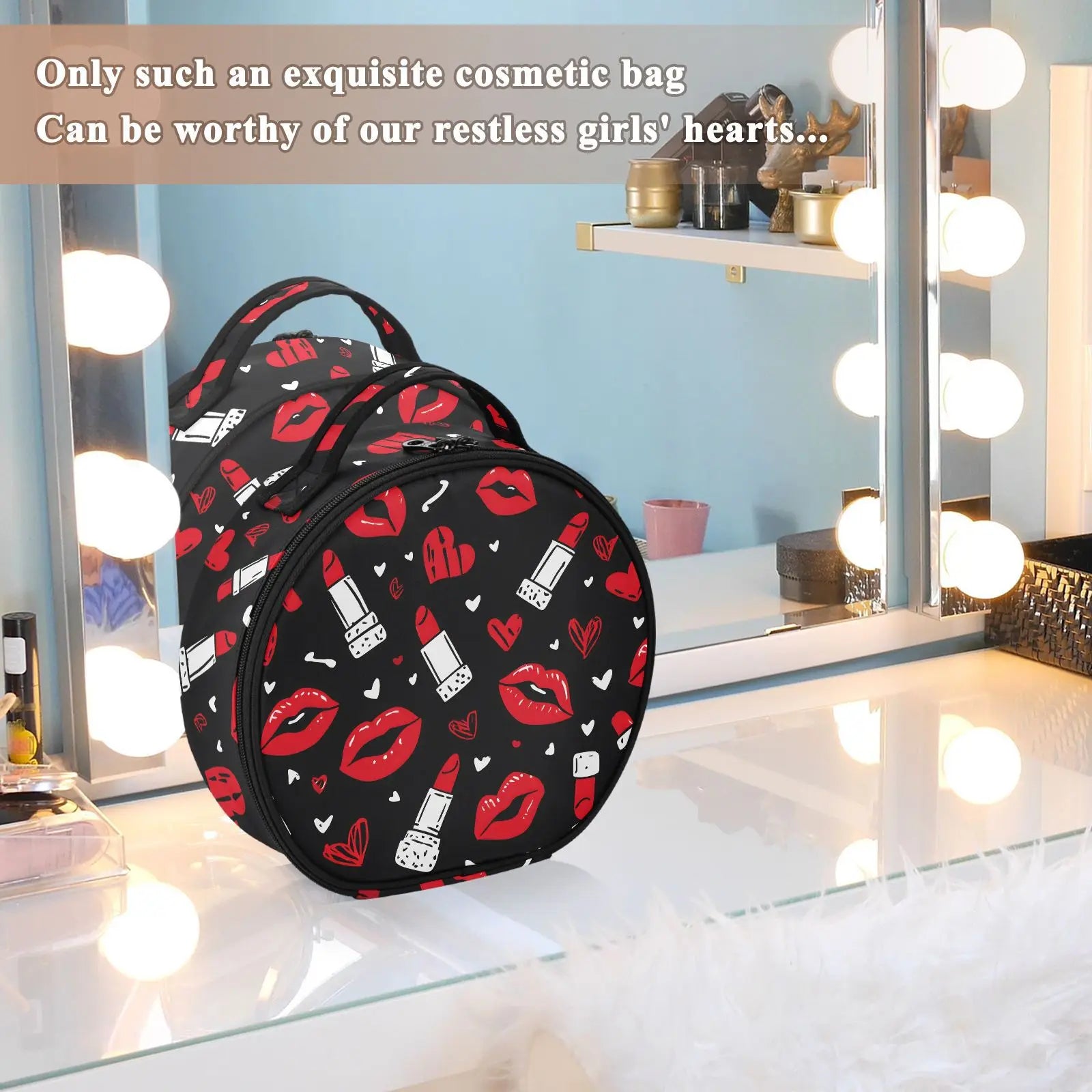 Round hard partition Cosmetic Bag Organizer Women Travel Make Up mouth lipstick pattern Cosmetics Suitcases Makeup Toiletry Bag