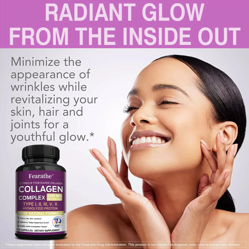 Multi-Collagen Capsules for Men and Women - Hydrolyzed Type I II III V X for Skin, Hair, Nails, Bones, Joints, Nutrition