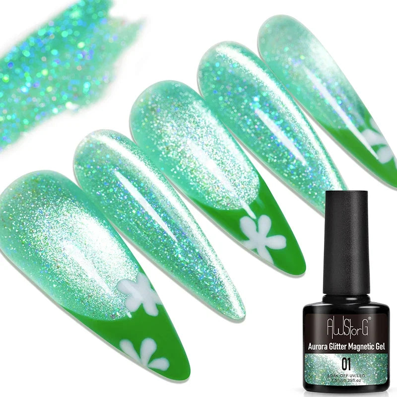 AWStorG 7.5ML Golden Gradient Cat Eye Magnetic Gel Sparkling Glitter Nail Polish Semi Permanent UV Nail Art No Need Base Color