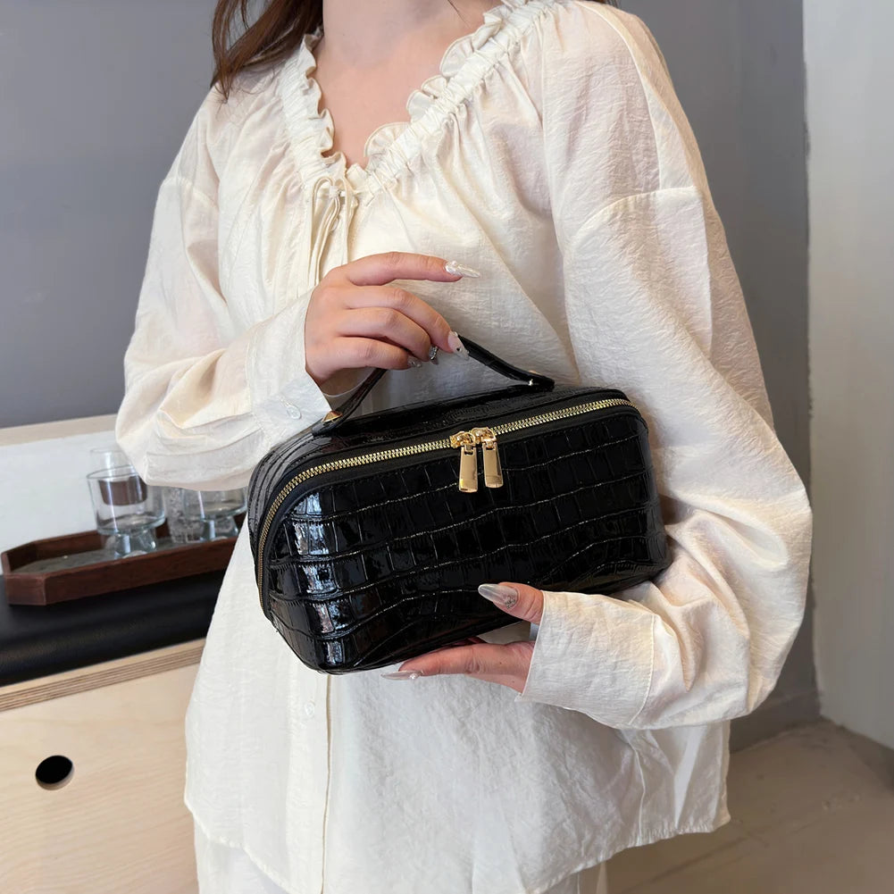 PU Leather Makeup Bag Simple Cosmetic Bag Multi-Compartment Travel Toiletry Bag Makeup Organizer Bag Women Cosmetics Handbag