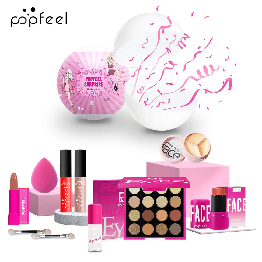 POPFEEL Surprise Makeup Ball Set -9-Piece Pink Cosmetic Gift Set for Girls, Perfect Christmas Gift, Festive Surprise Ball Makeup