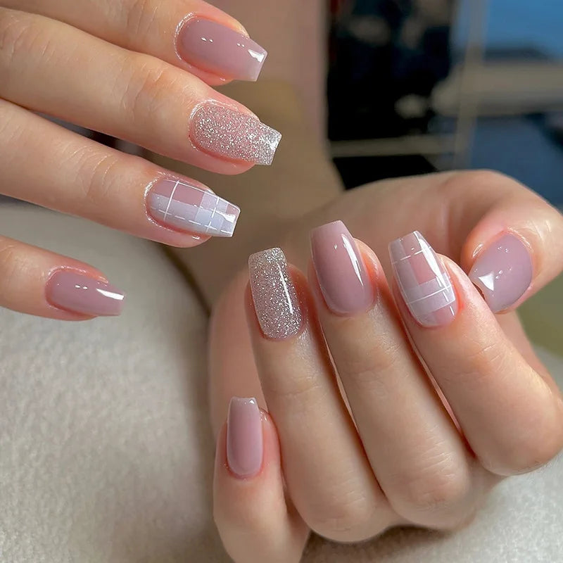 24Pcs Short False Nails with Shimmery Powder Ballet Nail Art Full Cover French Sheer Wearable Nail Manicure Tips for Girls Daily