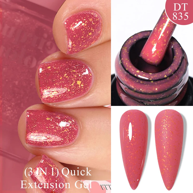MEET ACROSS 7ml Gold Foil 3 In 1Quick Extension Gel Nail Polish Nude Pink Gold Milky White Glitter UV Gel Finger Prolong Varnish