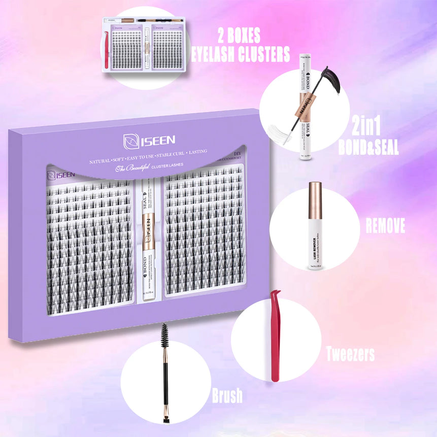 ISEEN DIY Eyelash Extension Kit Cluster Mix Eyelashes Full Set Lashes Kit with Lash Bond & Seal and Eyelash Tweezers and Brush