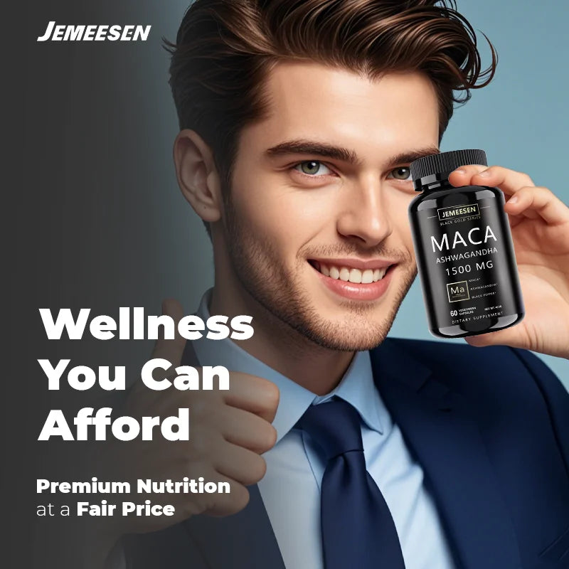 Organic Maca Root Powder Capsules 1500mg containing  Maca Root Extract,Ashwagandha,Black Pepper, Supplements for Men