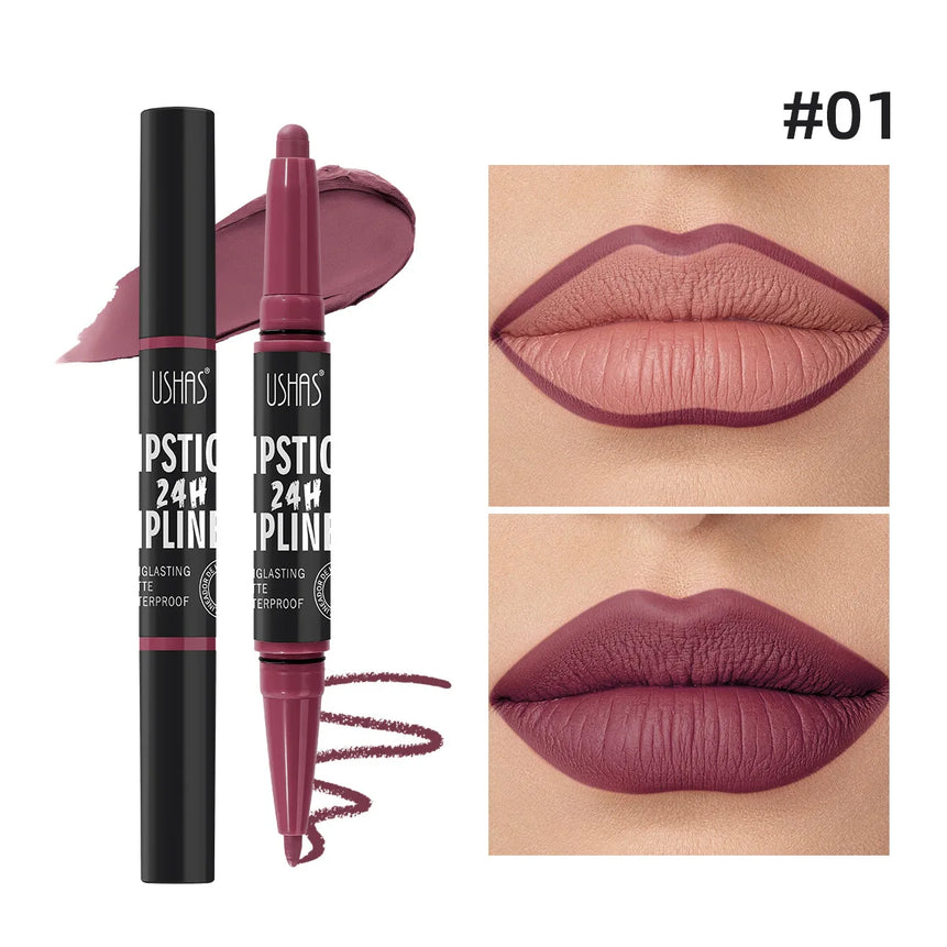 Waterproof Lipstick Lip Liner Contouring Crayon Non-stick Cup 2 IN 1 Double Headed Lipstick Matte Nude Sexy Lipliner Pen Makeup