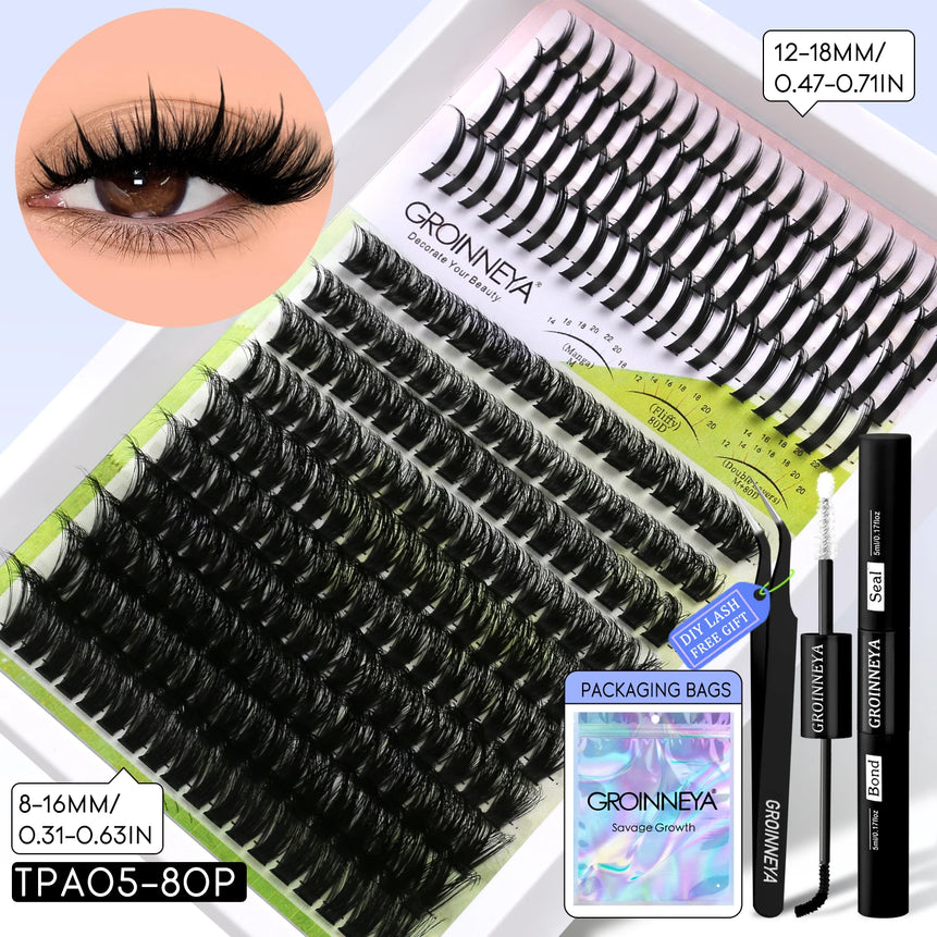 GROINNEYA Lash Clusters Kit DIY Manga Cluster Lashes Set Spikes Lashes Cluster Extension Full Set Individual Eyelashes Makeup