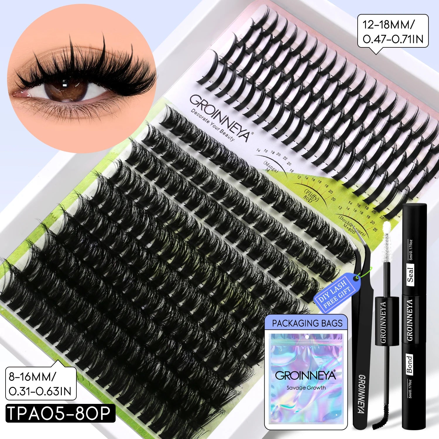 GROINNEYA Lash Clusters Kit DIY Manga Cluster Lashes Set Spikes Lashes Cluster Extension Full Set Individual Eyelashes Makeup