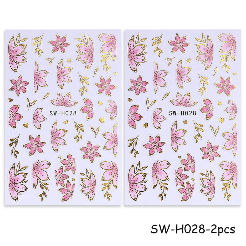 2/3pcs Golden Pink Hibiscus Flower Nail Stickers 3D Bronzing Border Petals Sakura Line Sliders Nail Decals DIY Manicure Decor