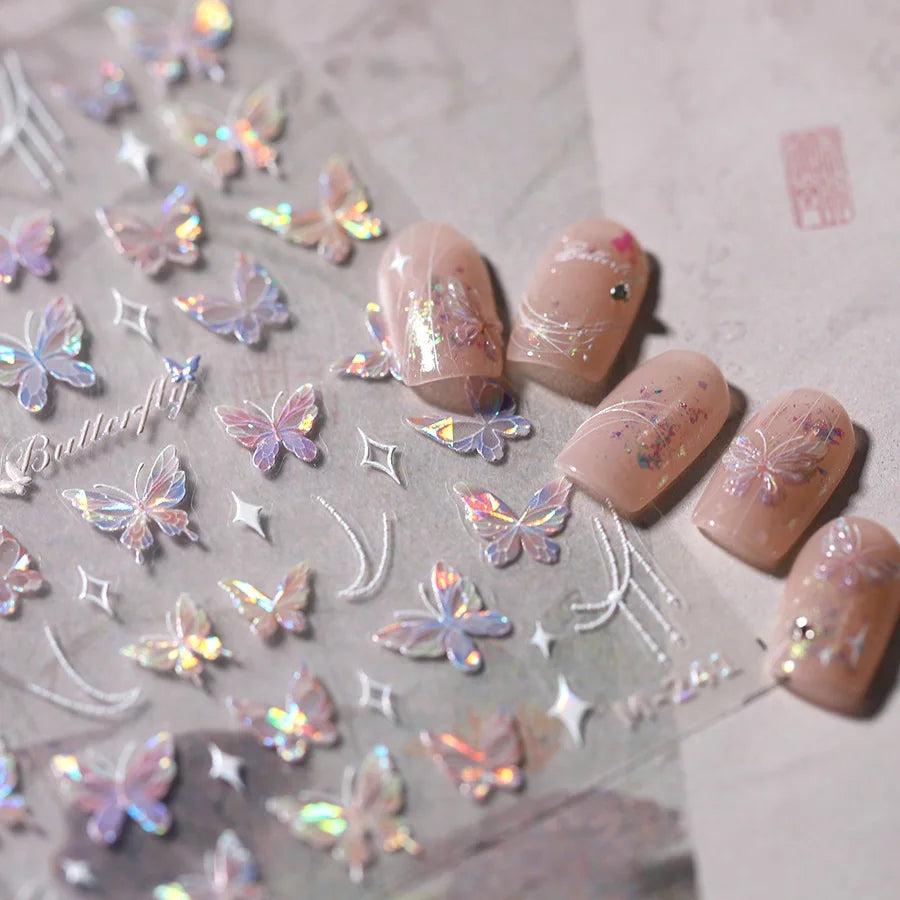 1pcs 5D Rhinestones Butterfly Nail Stickers Kawaii AB Shiny Butterfly Adhesive Nail Art Decorations Decal Design Manicure Tools