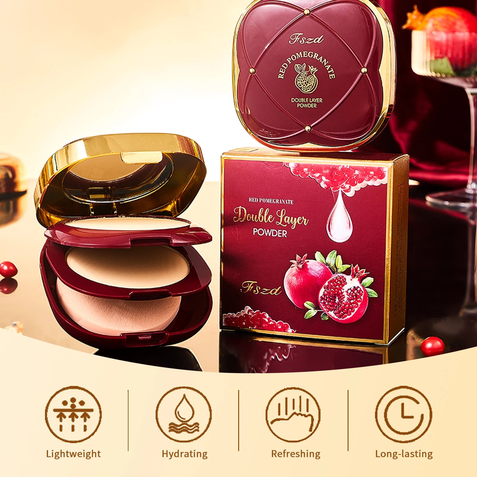 Red Pomegranate Double Layer Powder Oil Control Long Lasting Waterproof Concealer Setting Powder Facial Makeup