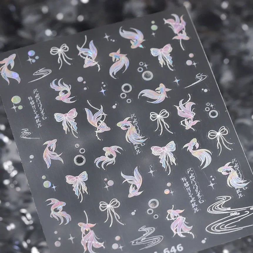 Goldfish Cavort Water Grass Lotus Flower Leaf Brocaded Carp Koi Ripple Droplet Water Bubbles 5D Nail Art Stickers Manicure Decal