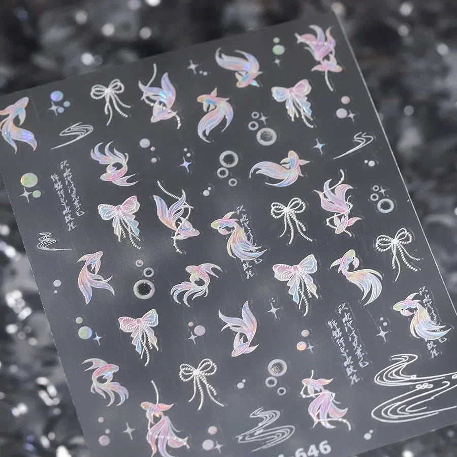 Goldfish Cavort Water Grass Lotus Flower Leaf Brocaded Carp Koi Ripple Droplet Water Bubbles 5D Nail Art Stickers Manicure Decal