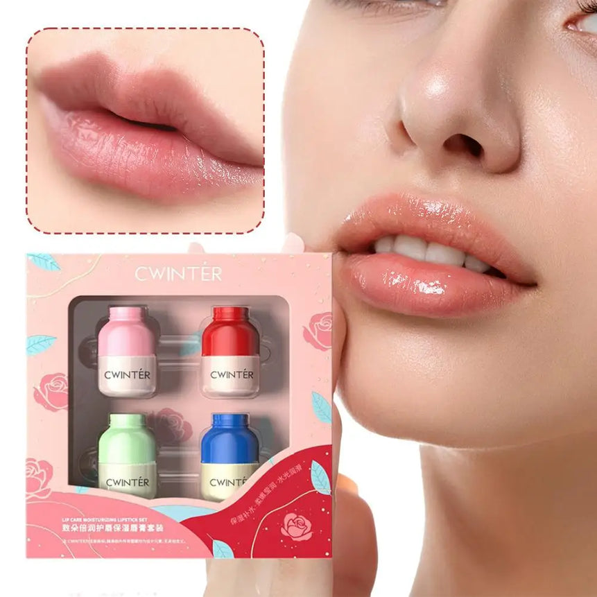 4PCS Hydrating Lip Balm Christmas Gift Set Plumping Moisturizer Nourishing Repair Gel Care Kit Lipstick Base Lip Gloss Treatment