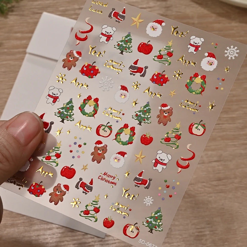 5D Red Bowknot/Gold Snowflakes/Christmas Tree Nail Stickers Cute White Snowflake Bow Christmas Nail Decals New Year Nail Supplie