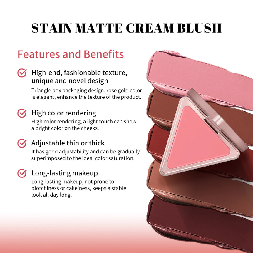 Lakerain Triangle Cream Blush Cream Matte Cream Non-greasy Easy to Push Color Saturation High Natural Rosy Rouge Blush Cream