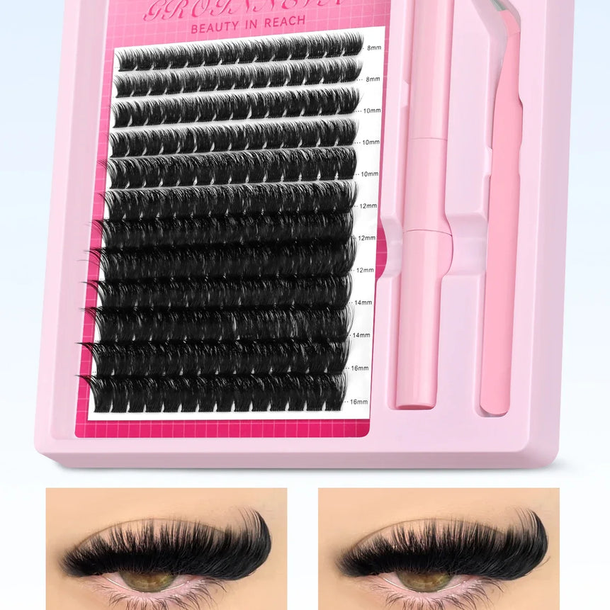 GROINNEYA Lash Clusters Kit Fluffy Individual Lashes C Curl Cluster DIY Lash Extension Kit Lash Bond and Seal Eyelash Extensions