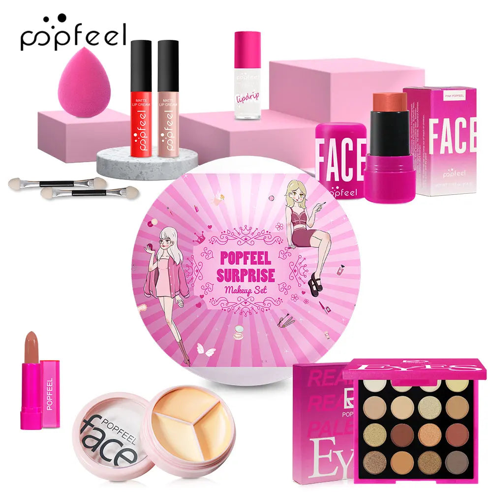 POPFEEL Surprise Makeup Ball Set -9-Piece Pink Cosmetic Gift Set for Girls, Perfect Christmas Gift, Festive Surprise Ball Makeup