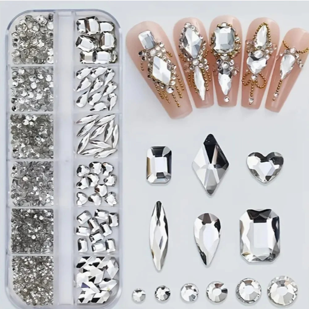 12Grids Pink Mixed Nail Rhinestones Luxury Nail Charms Glitter Crystal Jewelry Gems Nail Art Decoration Manicure Rhinestones