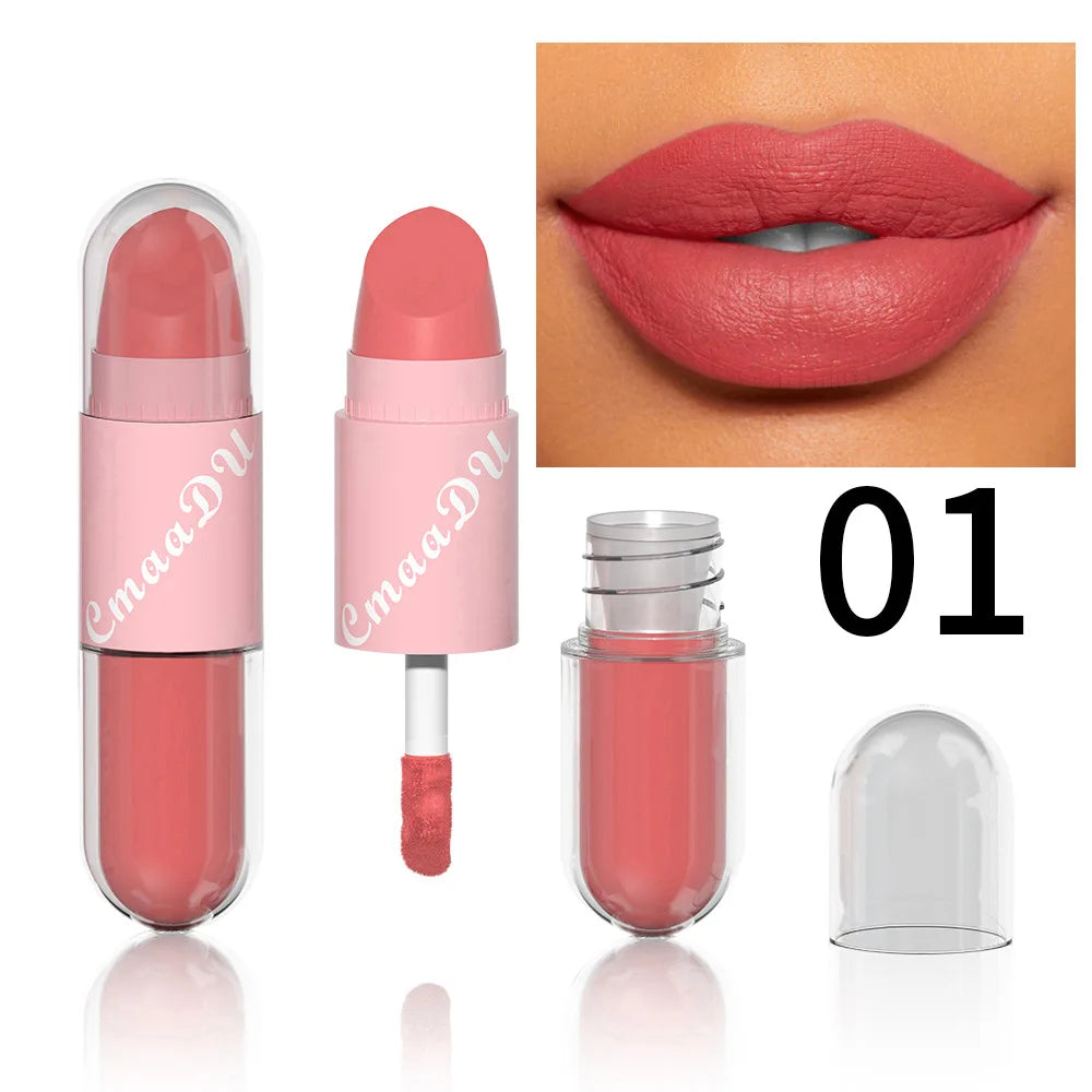 Lipstick Lip Gloss 2-in-1 Matte Lip Color Velvet Lip Glaze Waterproof Long Lasting Non-marking Natural Lip Tint Blam Cosmetic