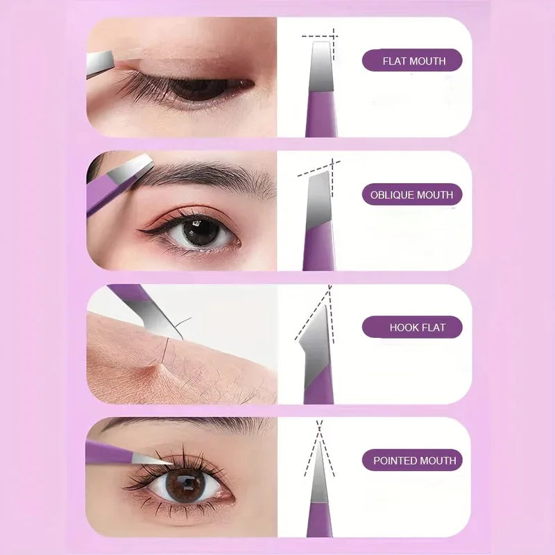 4-piece stainless steel eyebrow tweezers purple set makeup tools for eyelash extension, eyebrow shaping, hair removal