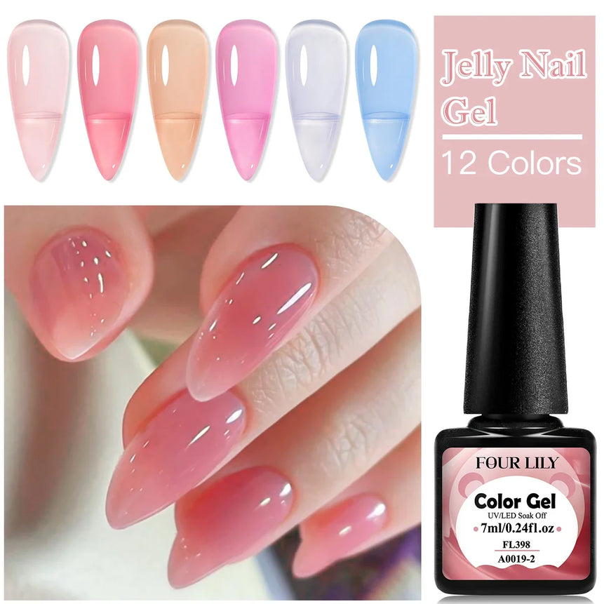 FOUR LILY 7ml Nude Pink Jelly Nail Gel Polish 12 Colors Semi Permanent Soak Off UV LED Gel Polish Nail Art Painting Gel Varnish