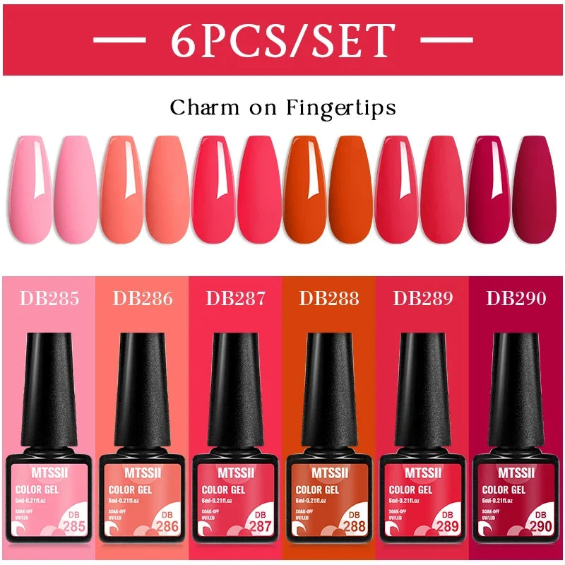 MTSSII 6PCS/Set Sparkly Red Roes Red Gel Nail Polish Shinning Nail Art LED UV Gel Varnish Nail Supplies Manicure Kit for Nails