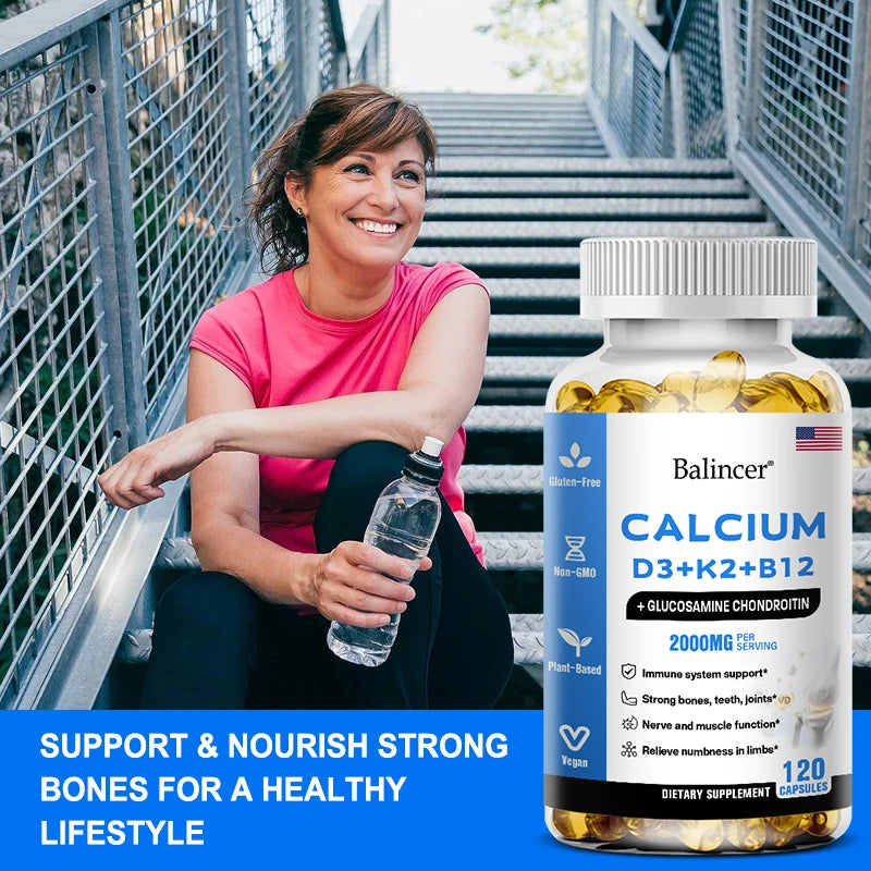 Calcium Supplement with Vitamins D3+K2+B12 Supports Nerve and Muscle Function, Heart Health and Immunity