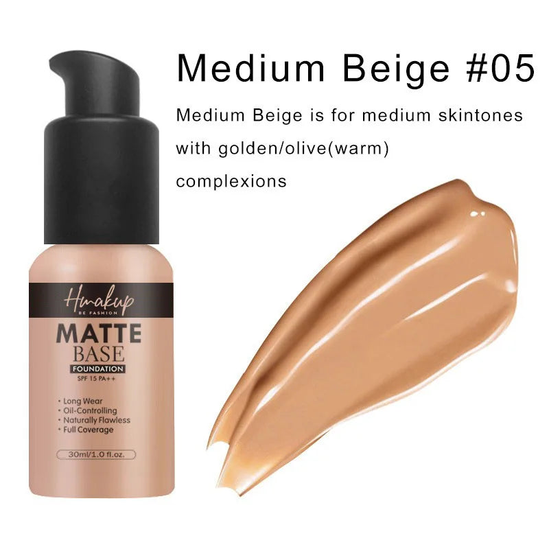 30ml 6-Color Matte Liquid Foundation | Oil-Control, Waterproof, Long-Lasting, Full Coverage, Natural Face Base and Concealer Makeup