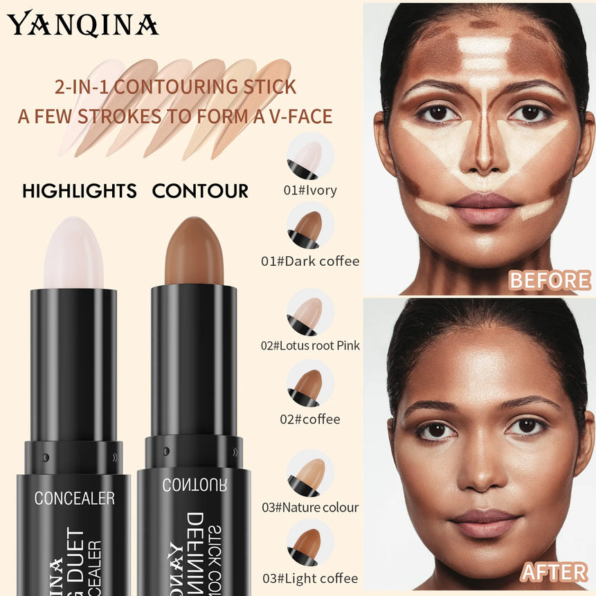QIC/YANQINA Double-headed Concealer Stick Three-dimensional Repair Volume Brighten Face Highlight Concealer Pen Makeup