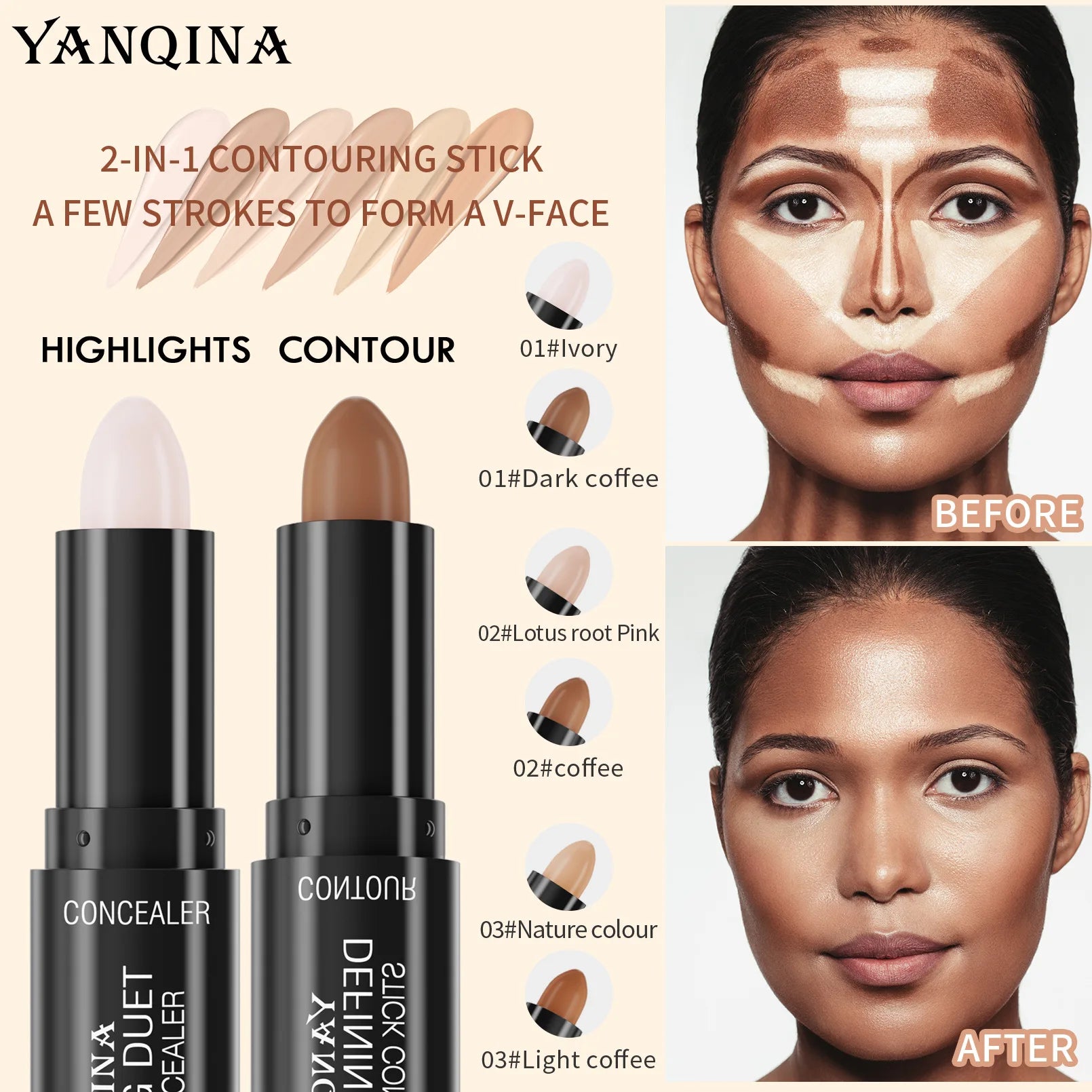 QIC/YANQINA Double-headed Concealer Stick Three-dimensional Repair Volume Brighten Face Highlight Concealer Pen Makeup