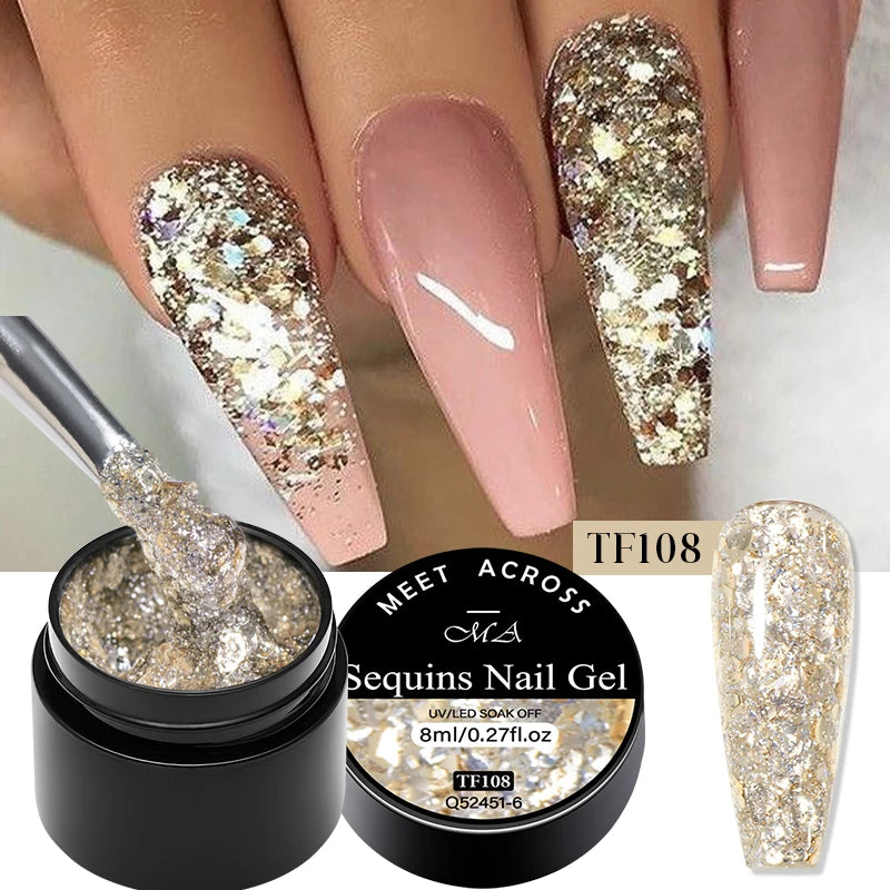 MEET ACROSS 8ml Pink Glitter Sequins Gel Nail Polish Shiny Sparkling Platinum Semi Permanant Soak Off Nail Art Varnish Manicure