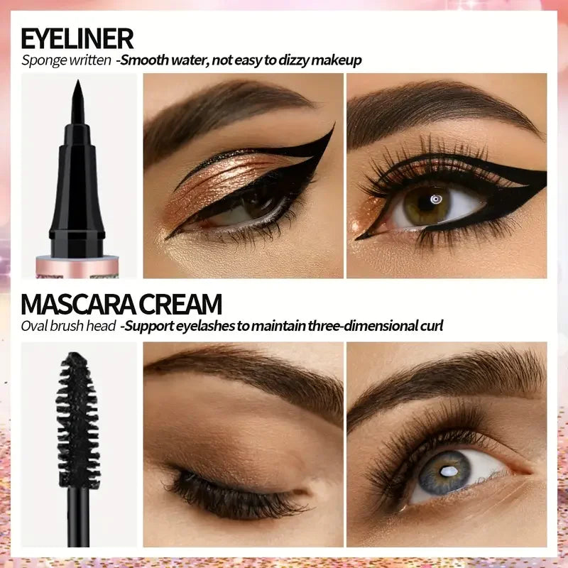4D Mascara & Liquid Eyeliner Kit,Waterproof,Sweat-Proof, Smudge-Proof, Long Lasting, Quick Drying Perfect Eyes Makeup Set Gifts